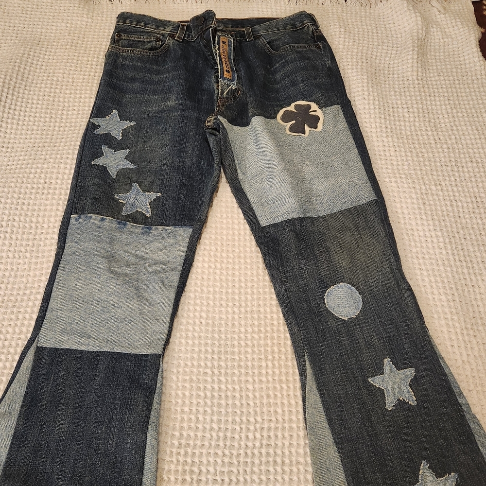 Abercrombie & Fitch Patchwork Boot Cut Jeans in Dark and Light Blue Size 32